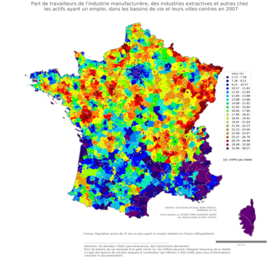 Part de travailleurs de l'industrie manufacturière, des industries extractives et autres chez les actifs ayant un emploi - bv2006
Mots-clés: secteur d-activité;bassins de vie