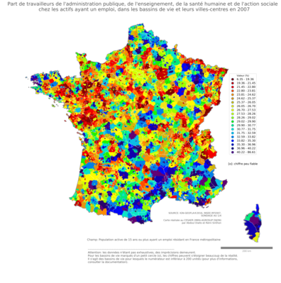 Part de travailleurs de l'administration publique, de l'enseignement, de la santé humaine et de l'action sociale chez les actifs ayant un emploi - bv2006
Mots-clés: secteur d-activité;fonction publique ou indépendance;bassins de vie