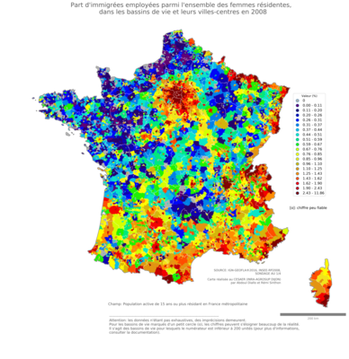 Part d'immigrées employées parmi l'ensemble des femmes résidentes - bv2006
Mots-clés: immigration;profession;sexe;femmes;classes populaires;bassins de vie