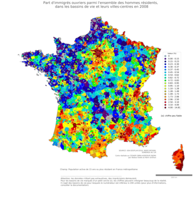 Part d'immigrés ouvriers parmi l'ensemble des hommes résidents - bv2006
Mots-clés: immigration;sexe;hommes;classes populaires;bassins de vie