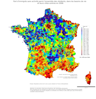 Part d'immigrés sans activité parmi l'ensemble des résidents - bv2006
Mots-clés: immigration;chômage;classes populaires;bassins de vie