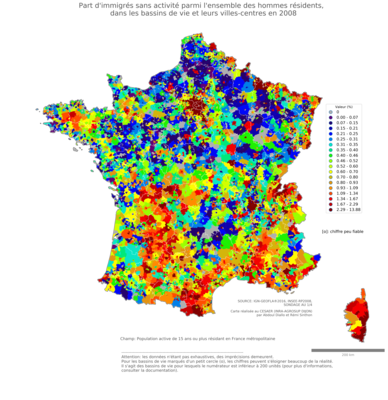 Part d'immigrés sans activité parmi l'ensemble des hommes résidents - bv2006
Mots-clés: immigration;chômage;sexe;hommes;classes populaires;bassins de vie