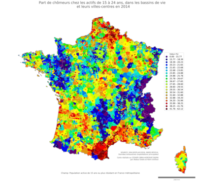 Part de chômeurs chez les actifs de 15 à 24 ans - bv2014
Mots-clés: chômage;âge;classes populaires;bassins de vie