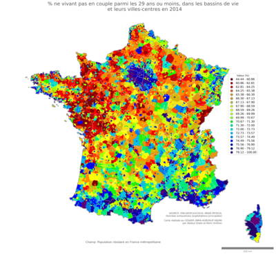 Part ne vivant pas en couple parmi les 29 ans ou moins - bv2014
Mots-clés: couple;âge;bassins de vie