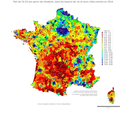 Part de 15'24 ans parmi les résidents - bv2014
Mots-clés: âge;bassins de vie