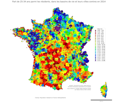 Part de 25'34 ans parmi les résidents - bv2014
Mots-clés: âge;bassins de vie