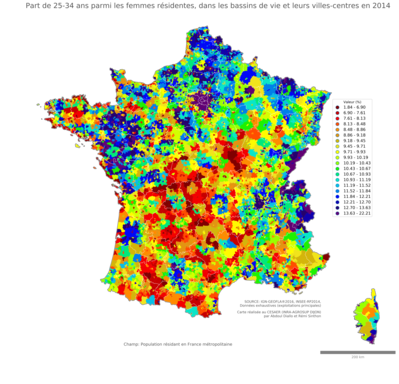 Part de 25'34 ans parmi les femmes résidentes - bv2014
Mots-clés: âge;sexe;femmes;bassins de vie