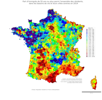 Part d'immigrés de 55 ans ou plus parmi l'ensemble des résidents - bv2014
Mots-clés: immigration;âge;classes populaires;bassins de vie