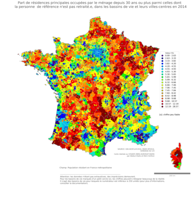 Part de résidences principales occupées par le ménage depuis 30 ans ou plus parmi celles dont la personne de référence n'est pas retraité.e - bv2014
Mots-clés: résidence et logement;âge;bassins de vie