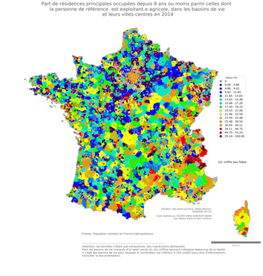 Part de résidences principales occupées depuis 9 ans ou moins parmi celles dont la personne de référence est exploitant.e agricole - bv2014
Mots-clés: résidence et logement;profession;fonction publique ou indépendance;bassins de vie