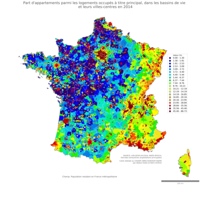 Part d'appartements parmi les logements occupés à titre principal - bv2014
Mots-clés: résidence et logement;conditions d-existence;bassins de vie