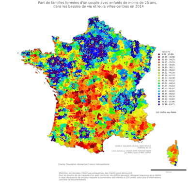 Part de familles formées d'un couple avec enfants de moins de 25 ans - bv2014
Mots-clés: famille et enfants;couple;bassins de vie