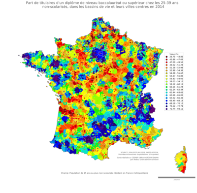 Part de titulaires d'un diplôme de niveau baccalauréat ou supérieur chez les 25'39 ans non'scolarisés - bv2014
Mots-clés: études et diplôme;âge;bassins de vie