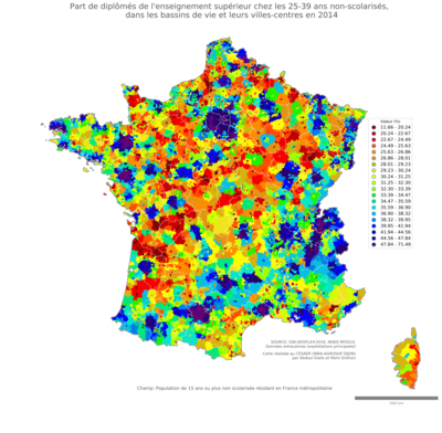 Part de diplômés de l'enseignement supérieur chez les 25'39 ans non'scolarisés - bv2014
Mots-clés: études et diplôme;âge;classes supérieures;bassins de vie