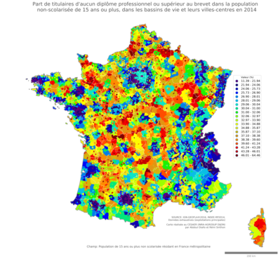 Part de titulaires d'aucun diplôme professionnel ou supérieur au brevet dans la population non'scolarisée de 15 ans ou plus - bv2014
Mots-clés: études et diplôme;classes populaires;bassins de vie