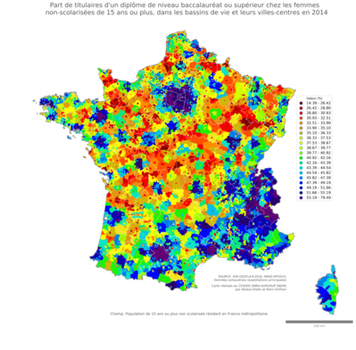 Part de titulaires d'un diplôme de niveau baccalauréat ou supérieur chez les femmes non'scolarisées de 15 ans ou plus - bv2014
Mots-clés: études et diplôme;sexe;femmes;bassins de vie