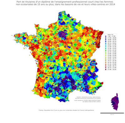 Part de titulaires d'un diplôme de l'enseignement professionnel court chez les femmes non'scolarisées de 15 ans ou plus - bv2014
Mots-clés: études et diplôme;sexe;femmes;classes populaires;bassins de vie