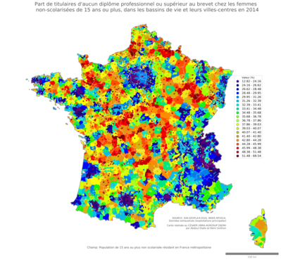 Part de titulaires d'aucun diplôme professionnel ou supérieur au brevet chez les femmes non'scolarisées de 15 ans ou plus - bv2014
Mots-clés: études et diplôme;sexe;femmes;classes populaires;bassins de vie