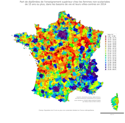 Part de diplômées de l'enseignement supérieur chez les femmes non'scolarisées de 15 ans ou plus - bv2014
Mots-clés: études et diplôme;sexe;femmes;classes supérieures;bassins de vie