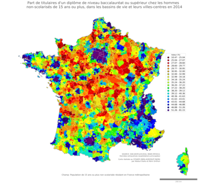 Part de titulaires d'un diplôme de niveau baccalauréat ou supérieur chez les hommes non'scolarisés de 15 ans ou plus - bv2014
Mots-clés: études et diplôme;sexe;hommes;bassins de vie