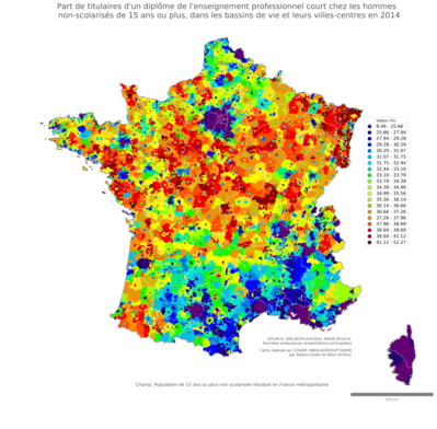 Part de titulaires d'un diplôme de l'enseignement professionnel court chez les hommes non'scolarisés de 15 ans ou plus - bv2014
Mots-clés: études et diplôme;sexe;hommes;classes populaires;bassins de vie