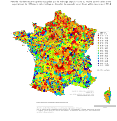 Part de résidences principales occupées par le ménage depuis 4 ans ou moins parmi celles dont la personne de référence est employé.e - bv2014
Mots-clés: résidence et logement;profession;classes populaires;bassins de vie