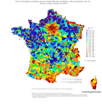 Part d'immigrés employés parmi l'ensemble des résidents - bv2014
Mots-clés: immigration;profession;classes populaires;bassins de vie