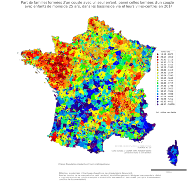 Part de familles formées d'un couple avec un seul enfant, parmi celles formées d'un couple avec enfants de moins de 25 ans - bv2014
Mots-clés: famille et enfants;bassins de vie