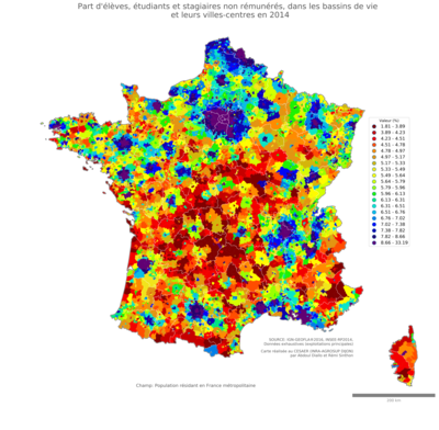 Part d'élèves, étudiants et stagiaires non rémunérés - bv2014
Mots-clés: études et diplôme;bassins de vie