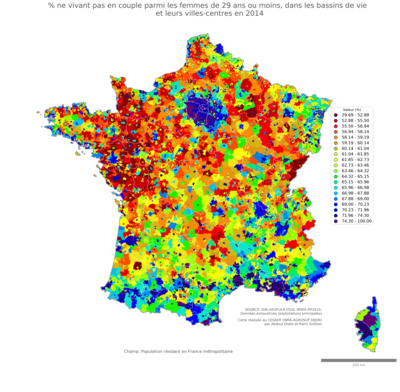 Part ne vivant pas en couple parmi les femmes de 29 ans ou moins - bv2014
Mots-clés: couple;âge;sexe;femmes;bassins de vie