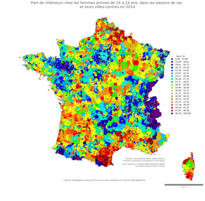 Part de chômeurs chez les femmes actives de 15 à 24 ans - bv2014
Mots-clés: chômage;sexe;femmes;âge;classes populaires;bassins de vie