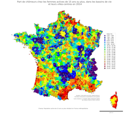 Part de chômeurs chez les femmes actives de 15 ans ou plus - bv2014
Mots-clés: chômage;sexe;femmes;classes populaires;bassins de vie