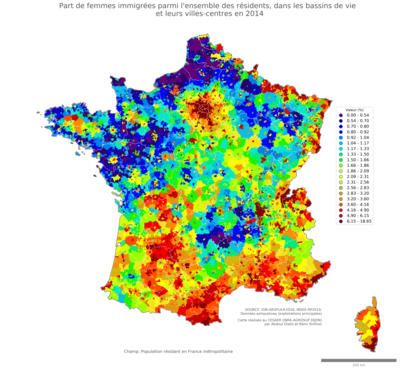 Part de femmes immigrées parmi l'ensemble des résidents - bv2014
Mots-clés: immigration;sexe;femmes;classes populaires;bassins de vie