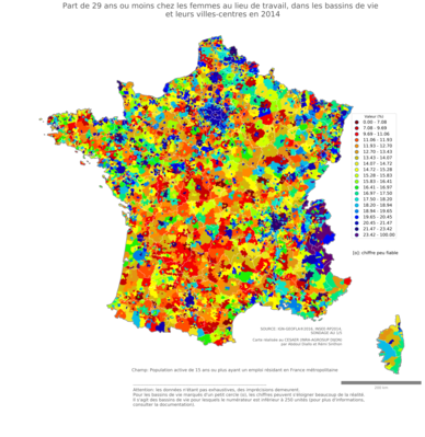 Part de 29 ans ou moins chez les femmes au lieu de travail - bv2014
Mots-clés: âge;lieu de travail;bassins de vie