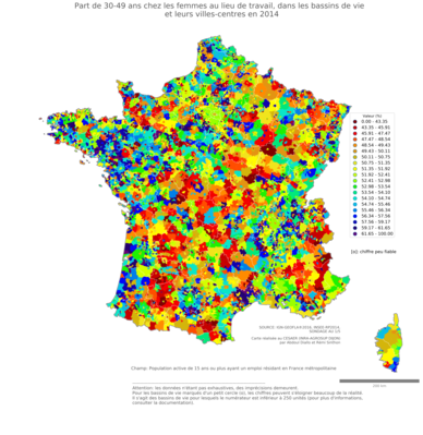 Part de 30'49 ans chez les femmes au lieu de travail - bv2014
Mots-clés: âge;lieu de travail;bassins de vie