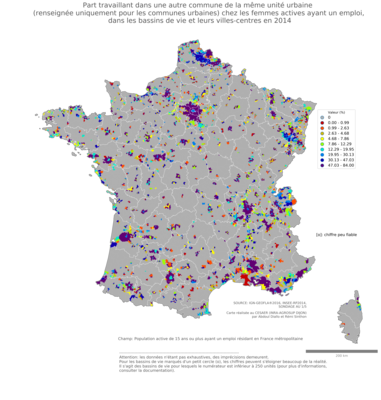 Part travaillant dans une autre commune de la même unité urbaine (renseignée uniquement pour les communes urbaines) chez les femmes actives ayant un emploi - bv2014
Mots-clés: lieu de travail;conditions de travail et d-emploi;sexe;femmes;bassins de vie