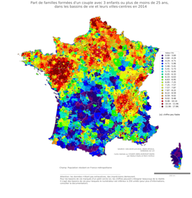 Part de familles formées d'un couple avec 3 enfants ou plus de moins de 25 ans - bv2014
Mots-clés: famille et enfants;bassins de vie