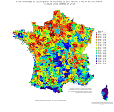 Part ne vivant pas en couple parmi les hommes de 30 à 49 ans - bv2014
Mots-clés: couple;âge;sexe;hommes;bassins de vie