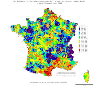 Part de chômeurs chez les hommes actives de 15 ans ou plus - bv2014
Mots-clés: chômage;sexe;hommes;classes populaires;bassins de vie