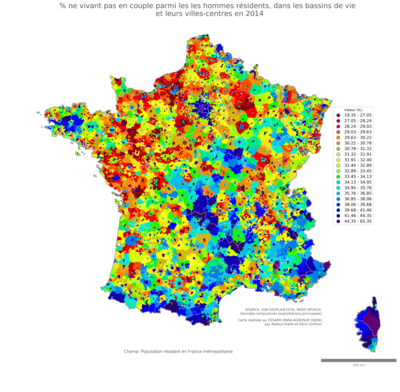 Part ne vivant pas en couple parmi les les hommes résidents - bv2014
Mots-clés: couple;sexe;hommes;bassins de vie