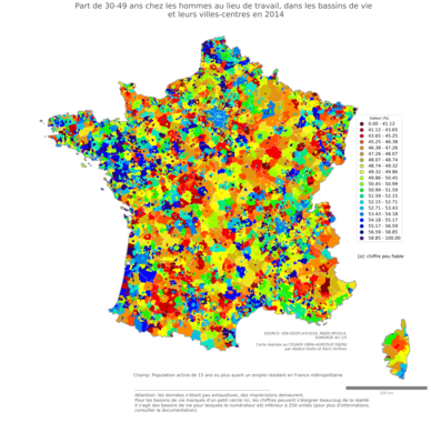 Part de 30'49 ans chez les hommes au lieu de travail - bv2014
Mots-clés: âge;lieu de travail;bassins de vie