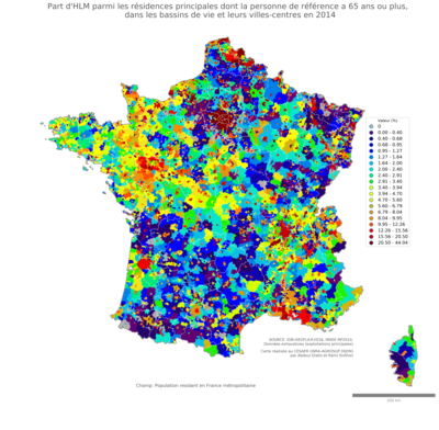 Part d'HLM parmi les résidences principales dont la personne de référence a 65 ans ou plus - bv2014
Mots-clés: résidence et logement;âge;conditions d-existence;classes populaires;bassins de vie