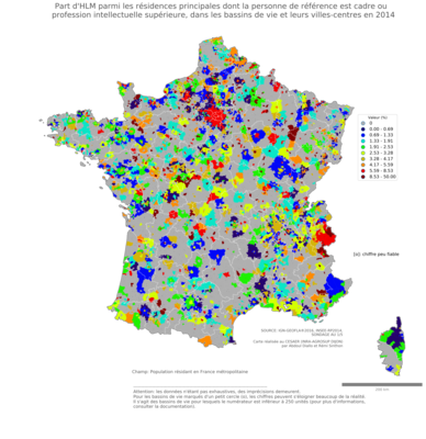 Part d'HLM parmi les résidences principales dont la personne de référence est cadre ou profession intellectuelle supérieure - bv2014
Mots-clés: résidence et logement;profession;conditions d-existence;classes supérieures;classes populaires;bassins de vie