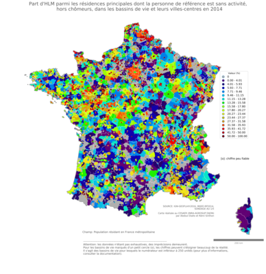 Part d'HLM parmi les résidences principales dont la personne de référence est sans activité, hors chômeurs - bv2014
Mots-clés: résidence et logement;chômage;conditions d-existence;classes populaires;bassins de vie