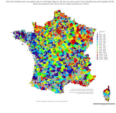 Part de résidences occupées par le ménage depuis 30 ans ou plus parmi les résidences principales HLM - bv2014
Mots-clés: résidence et logement;conditions d-existence;classes populaires;bassins de vie