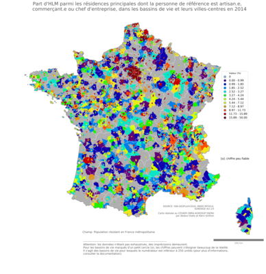 Part d'HLM parmi les résidences principales dont la personne de référence est artisan.e, commerçant.e ou chef d'entreprise - bv2014
Mots-clés: résidence et logement;profession;conditions d-existence;classes populaires;fonction publique ou indépendance;bassins de vie