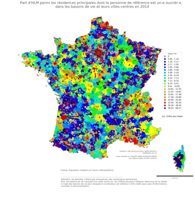 Part d'HLM parmi les résidences principales dont la personne de référence est un.e ouvrièr.e - bv2014
Mots-clés: résidence et logement;profession;conditions d-existence;classes populaires;bassins de vie