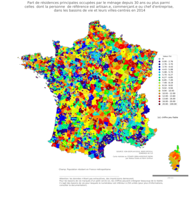 Part de résidences principales occupées par le ménage depuis 30 ans ou plus parmi celles dont la personne de référence est artisan.e, commerçant.e ou chef d'entreprise - bv2014
Mots-clés: résidence et logement;profession;fonction publique ou indépendance;bassins de vie