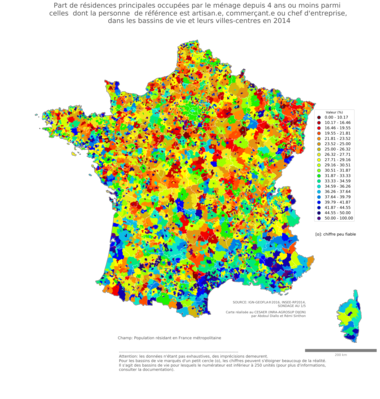 Part de résidences principales occupées par le ménage depuis 4 ans ou moins parmi celles dont la personne de référence est artisan.e, commerçant.e ou chef d'entreprise - bv2014
Mots-clés: résidence et logement;profession;fonction publique ou indépendance;bassins de vie