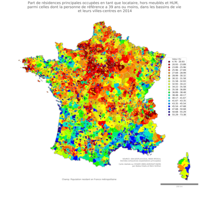 Part de résidences principales occupées en tant que locataire, hors meublés et HLM, parmi celles dont la personne de référence a 39 ans ou moins - bv2014
Mots-clés: résidence et logement;âge;conditions d-existence;classes populaires;bassins de vie